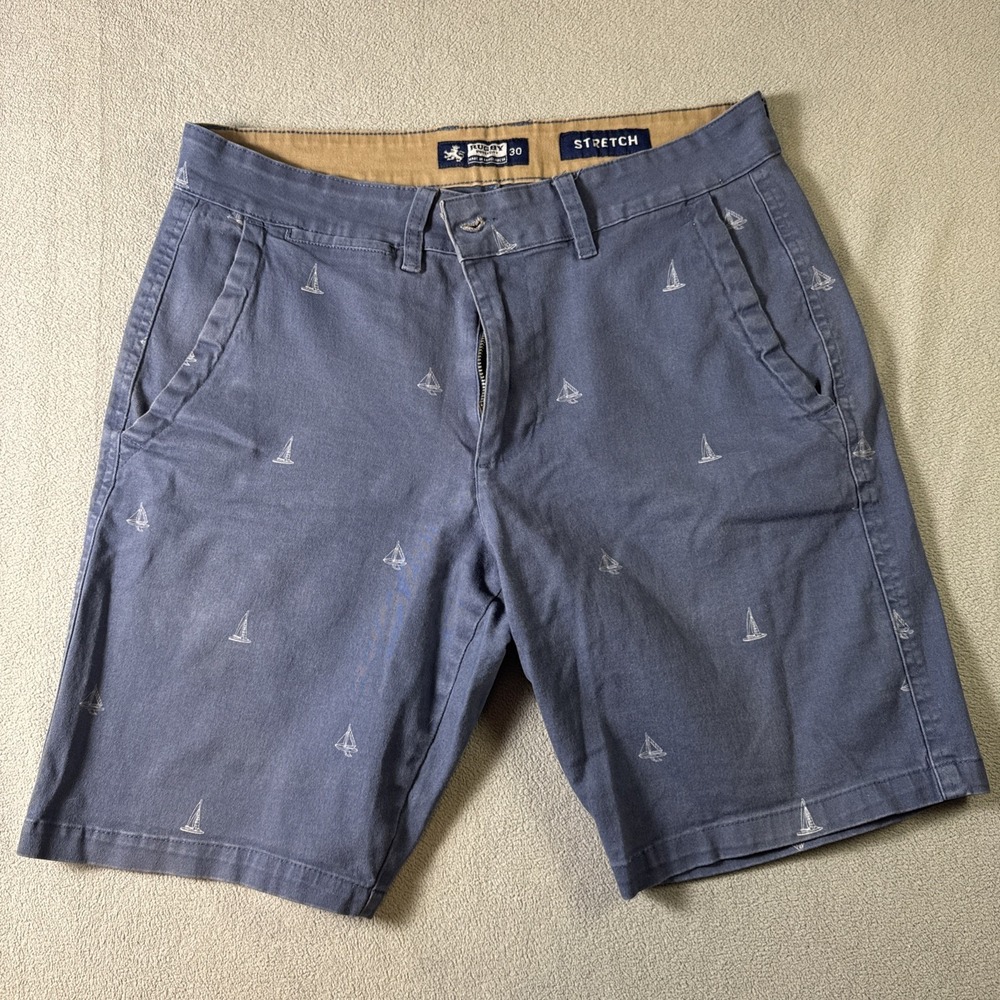 Rugby Stretch Flat-Front Charcoal Shorts w/Navy Sailboat Print. Pre-Owned. Sz:30
